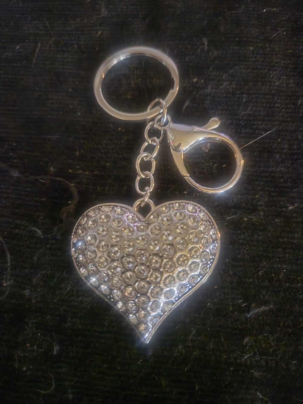 Rhinestone Heart Keychain, Bag PURSE Charm Silver Sparkle Bling